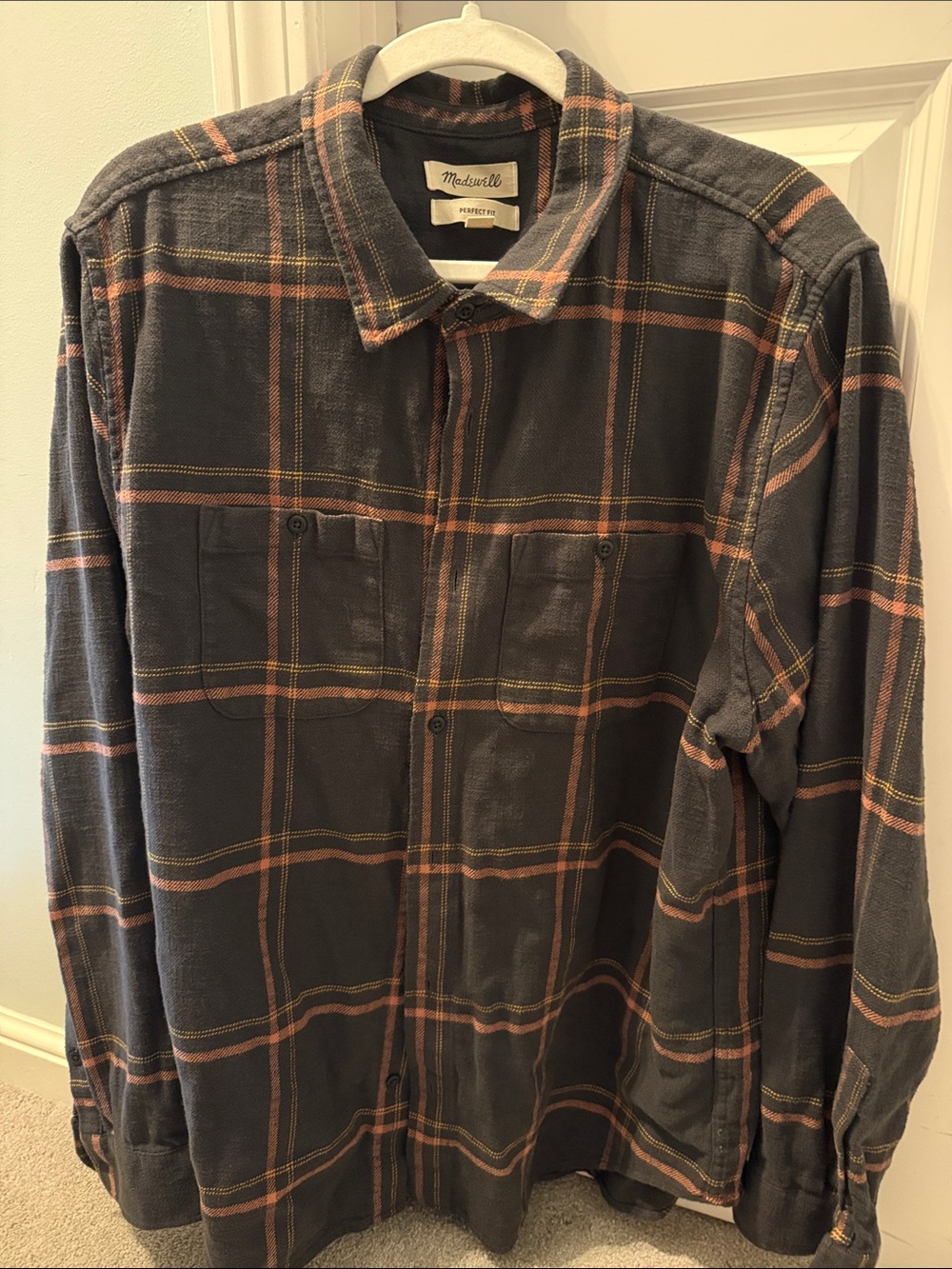 Madewell Men's Charcoal/brown Plaid Button-Down Shirt with Tan & Rose Stripes